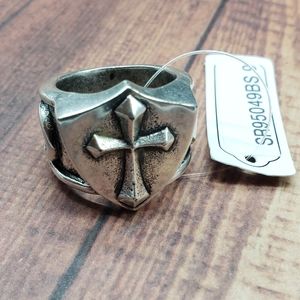 Stigma Oxidized Silver Tone Cross Shield Ringlable
